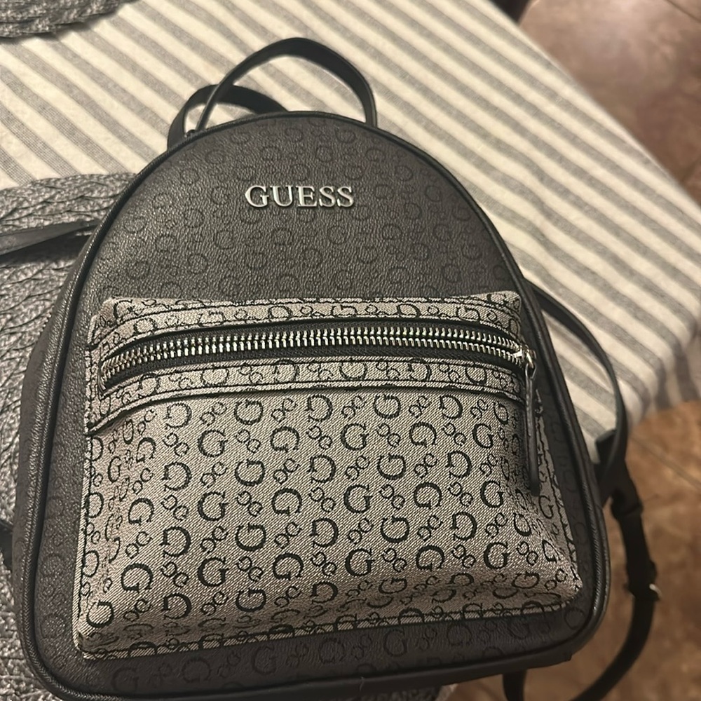 GUESS Signature Pattern Backpack in Black and Gray